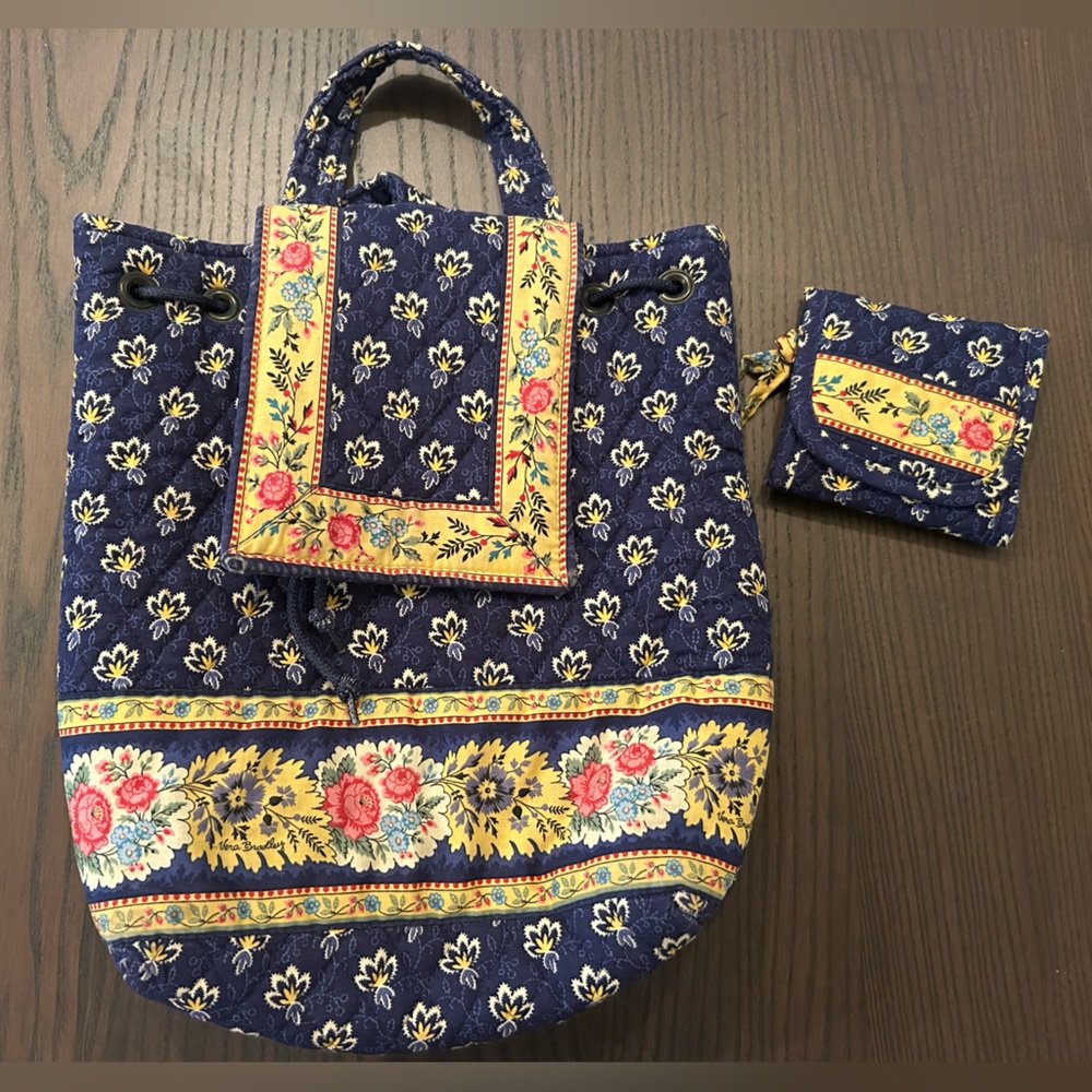 BUNDLE: Vera Bradley Mini Backpack & Trifold Wallet in Maison Blue (Retired)